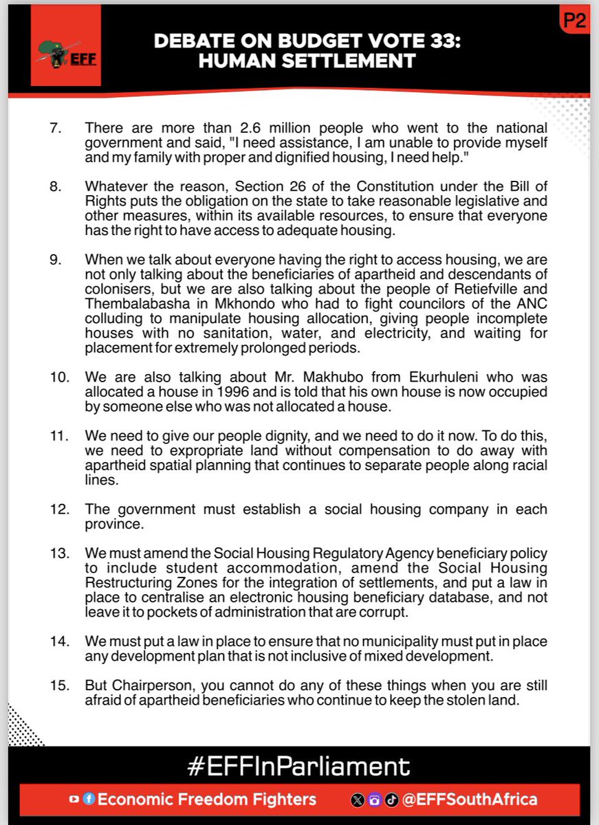 ♦️Must Read♦️

The EFF’s debate during the National Assembly Plenaries today on the Budget Vote for the Department of Human Settlement 

-We are here to remind you, Honourable members, that as we fail to interrogate the proposed budget for Human Settlement, as we fail to take