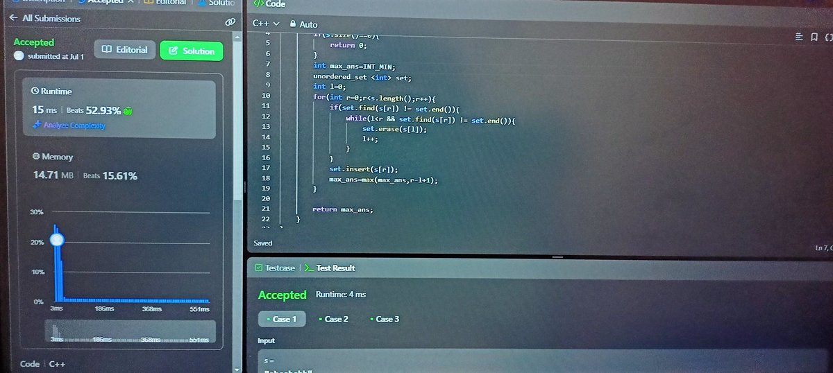 Neharik04's tweet photo. Day 25✅
Studied about the sliding window and two pointer approach and solved a leetcode problem related to it and studied SQL. Back on track 💪🏻💻🚀 #100DaysOfDSA #LeetCode https://t.co/Ju51penS4y