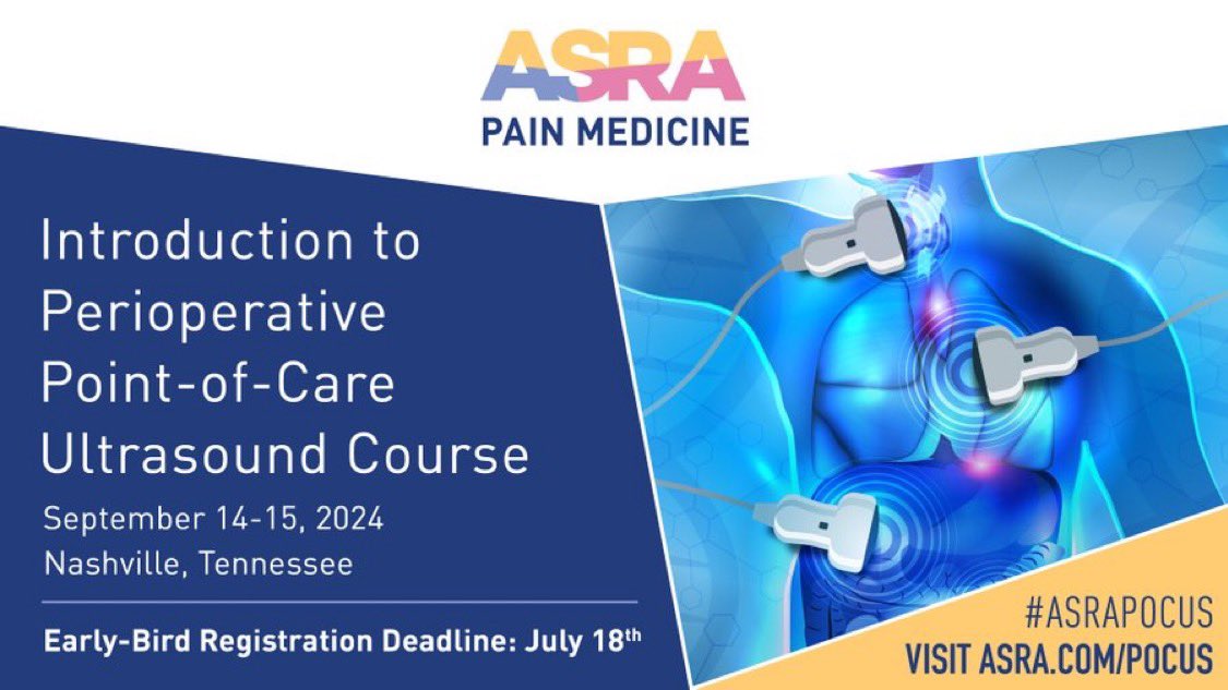 🩺 Hari (హరి 🇮🇳) Kalagara (@kalagarahari) on Twitter photo #POCUS
Join us to learn life 🫀🫁saving skills in peri-op medicine <a href="/ASRA_Society/">ASRA Pain Medicine</a> #ASRAPOCUS course!
Last day for early 🦆 registration: 👇🏿Hurry up… don’t miss it!
👉 asra.com/events-educati… September 14th& 15th, Nashville. <a href="/NarouzeMD/">Samer Narouze,MD,PhD,MMM</a> <a href="/ASRAPM_Ex_Dir/">Elizabeth Smith</a> <a href="/shaskinsMD/">Stephen Haskins</a> <a href="/NibrasBughrara/">Nibras F. Bughrara, MD, FCCM, FASA</a> #POCUS
Join us to learn life 🫀🫁saving skills in peri-op medicine <a href="/ASRA_Society/">ASRA Pain Medicine</a> #ASRAPOCUS course!
Last day for early 🦆 registration: 👇🏿Hurry up… don’t miss it!
👉 asra.com/events-educati… September 14th& 15th, Nashville. <a href="/NarouzeMD/">Samer Narouze,MD,PhD,MMM</a> <a href="/ASRAPM_Ex_Dir/">Elizabeth Smith</a> <a href="/shaskinsMD/">Stephen Haskins</a> <a href="/NibrasBughrara/">Nibras F. Bughrara, MD, FCCM, FASA</a>