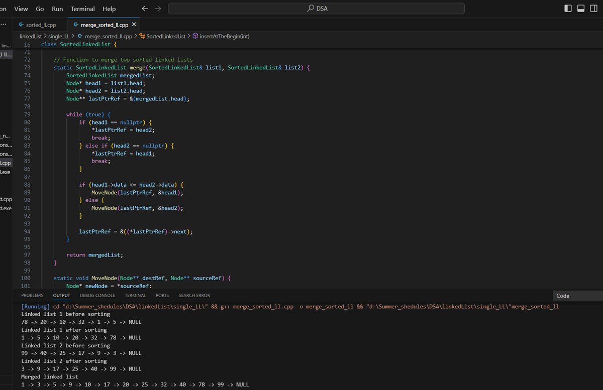 VV_Algos's tweet photo. Day 13 of my 30-day DSA challenge! 
Today, I practiced:
*Sorting a linked list  
*Merging sorted linked lists

Progressing well and understanding these concepts better every day.  #DSAChallenge #CPlusPlus #CodingJourney https://t.co/dR7Lrgf2fM