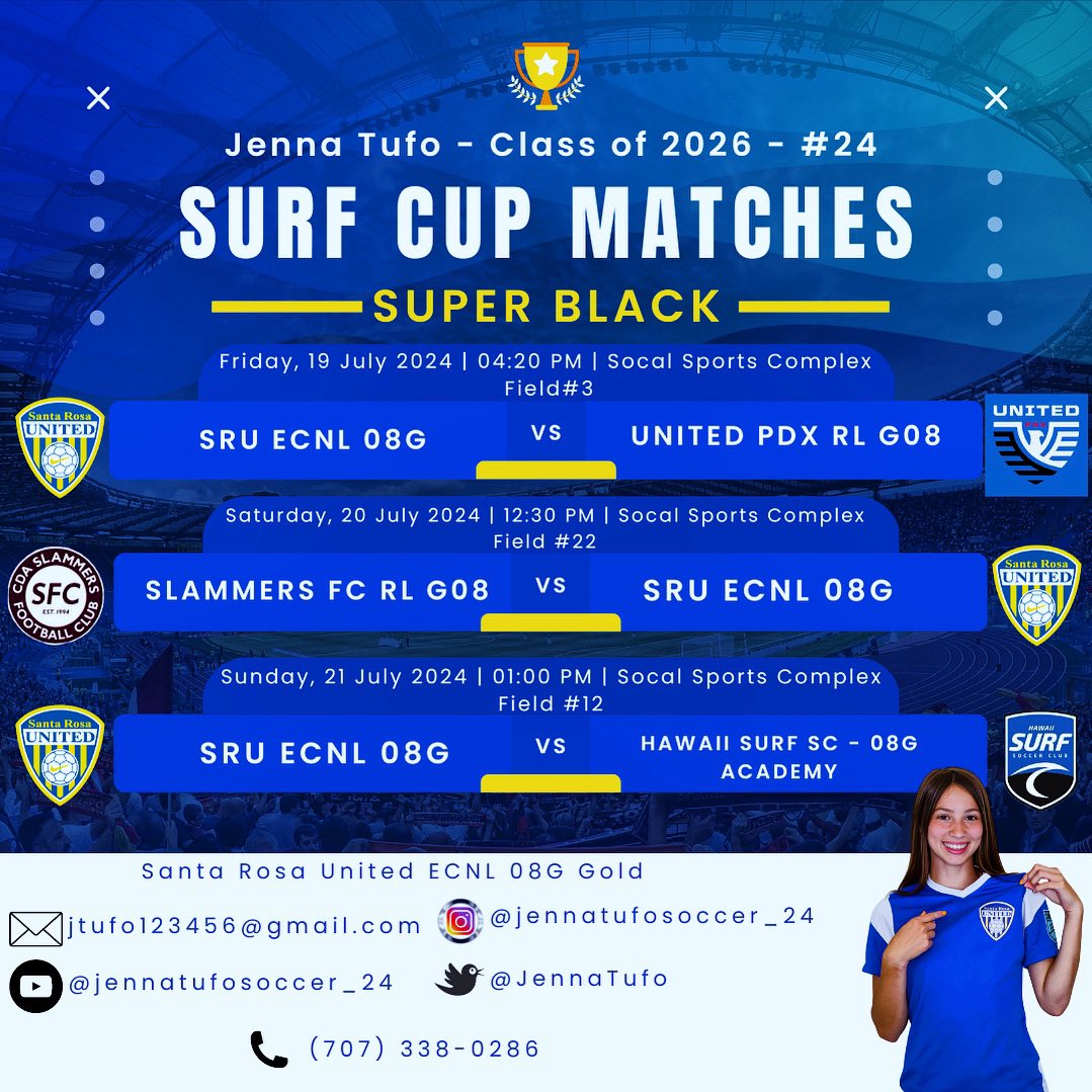 TheSoccerWire's tweet photo. Check out this weekend's showcase schedules for some SoccerWire Featured Players attending the San Diego Surf Cup! 

📲 @surfcupsports @JennaTufo @makkgwynn2026 @kaitlynconner08