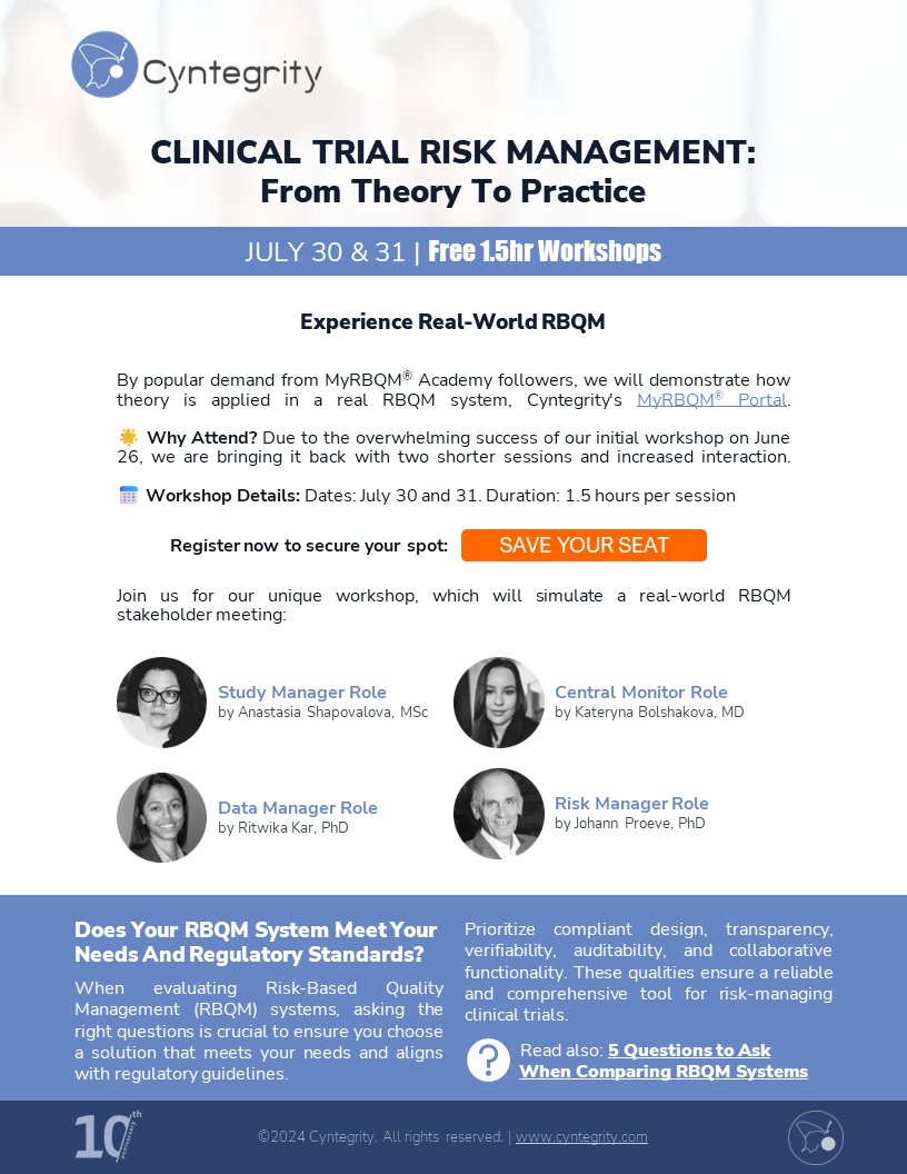 CyntegrityRBM's tweet photo. Special Offer for Workshop Participants: We offer all participants a 30% discount voucher for the RBQM Green Belt e-Training course, a great opportunity to support the practical hands-on session with the theory behind it: https://t.co/H1urwuA5jy

#clinicaltrials #clinicalresearch https://t.co/PAsBJfW0VO