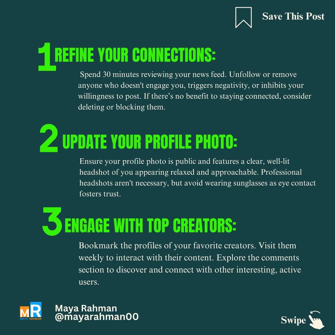 mayarahman30's tweet photo. Part-01
✨ Ready to shine on LinkedIn? 💼 Here are my top tips for optimizing your profile and boosting your presence! 📈 Let's make those connections count and turn engagements into opportunities. 🚀🌟
#LiNKEDiN https://t.co/XwCiYXHNMM