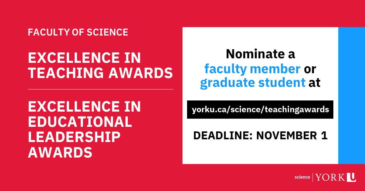 YorkUScience's tweet photo. Do you know a Faculty of Science instructor who has demonstrated exceptional dedication and excellence in teaching and learning? Nominate them for an award! 

More details at https://t.co/AnoguM4wll | #YorkU https://t.co/20a4Vc326Z