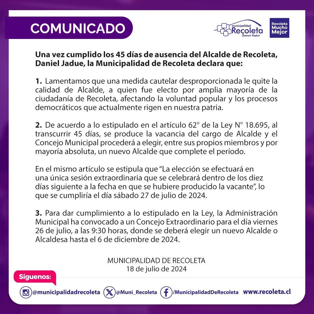 Muni_Recoleta's tweet photo. ℹ️🔴 ¡Atención Recoletanas/os!

👉🏽 Una vez cumplido los 45 días de ausencia del alcalde de Recoleta, Daniel Jadue, la Municipalidad de Recoleta convoca a Concejo Extraordinario y declara lo siguiente ⬇️

:Infórmate y comparte con mas vecinas y vecinos: https://t.co/46kwboAFT2