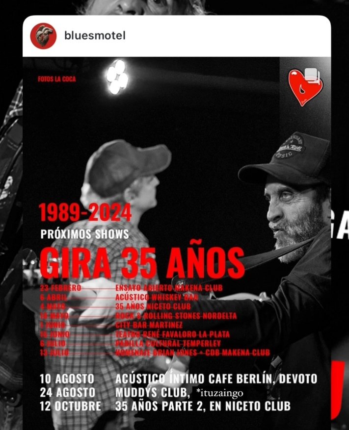 Blues Motel sigue tocando ¡Camino al <a href="/NicetoClub/">Niceto Club</a> de Octubre!
Anticipate a los Shows y conseguí importantes Descuentos!
Entrá a linktr.ee/bluesmotel