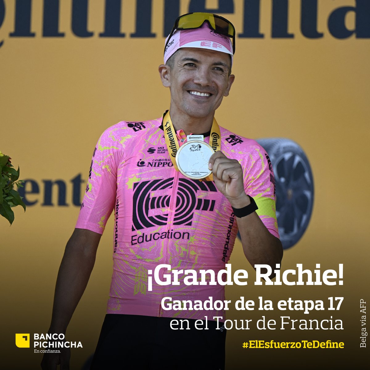 BancoPichincha's tweet photo. 🚂 Lo dijiste @RichardCarapazM: “nunca hay que dejar de intentarlo” y hoy te coronaste como el rey en los Alpes en el #TourdeFrancia2024. 🚵🏻🥇
Estamos orgullosos de acompañarte a vivir momentos históricos como el de hoy. 💪🏻
Sí, #ElEsfuerzoTeDefine 
#TDF2024 https://t.co/u2x5PJhy3Y