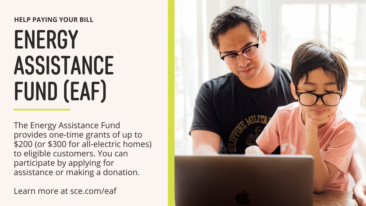SCE's tweet photo. If you’re having trouble paying your electric bill, the Energy Assistance Fund can help. It’s a charitable program that provides one-time bill payments for eligible customers. https://t.co/cZVtnvudwd https://t.co/XTvdECgqSV