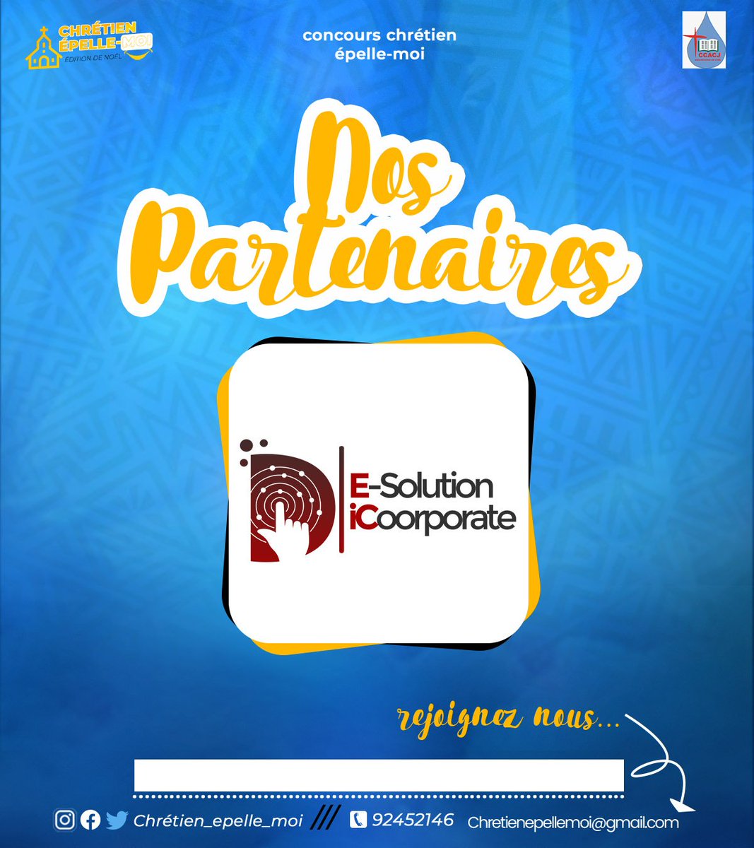 MoiChretien's tweet photo. 🔊 Nous sommes ravis de vous annoncer notre #partenariat avec E-Solution iCooperate !  🤝

À l'occasion du #concours chrétien-Épelle-moi", nous avons uni nos forces avec E-Solution iCooperate pour offrir une expérience qualité à a #communication  de l'événement.

📞  92452146 https://t.co/g8iHhDJeRq