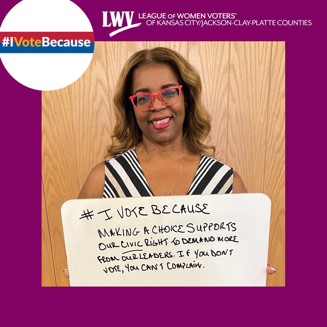 lwvkc's tweet photo. Yvette votes because, "making a choice supports our civic right to demand more from our leaders. If you don't vote, you can't complain."
👉Share why you vote: Mention @LWVKC and tag #IVoteBecause
🇺🇸 Join the #IVoteBecause campaign
Spread the word. Spread the vote. #LWVKC https://t.co/tqqGWHFisc