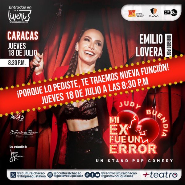 Judy Buendia vuelve con “Mi ex fue un error” este Jueves 18 de Julio. Más información aquí: arumbear.com/ve/archivos/40…
<a href="/JudyBuendia/">Judy Buendía</a> <a href="/CculturalChacao/">Centro Cultural Chacao</a>