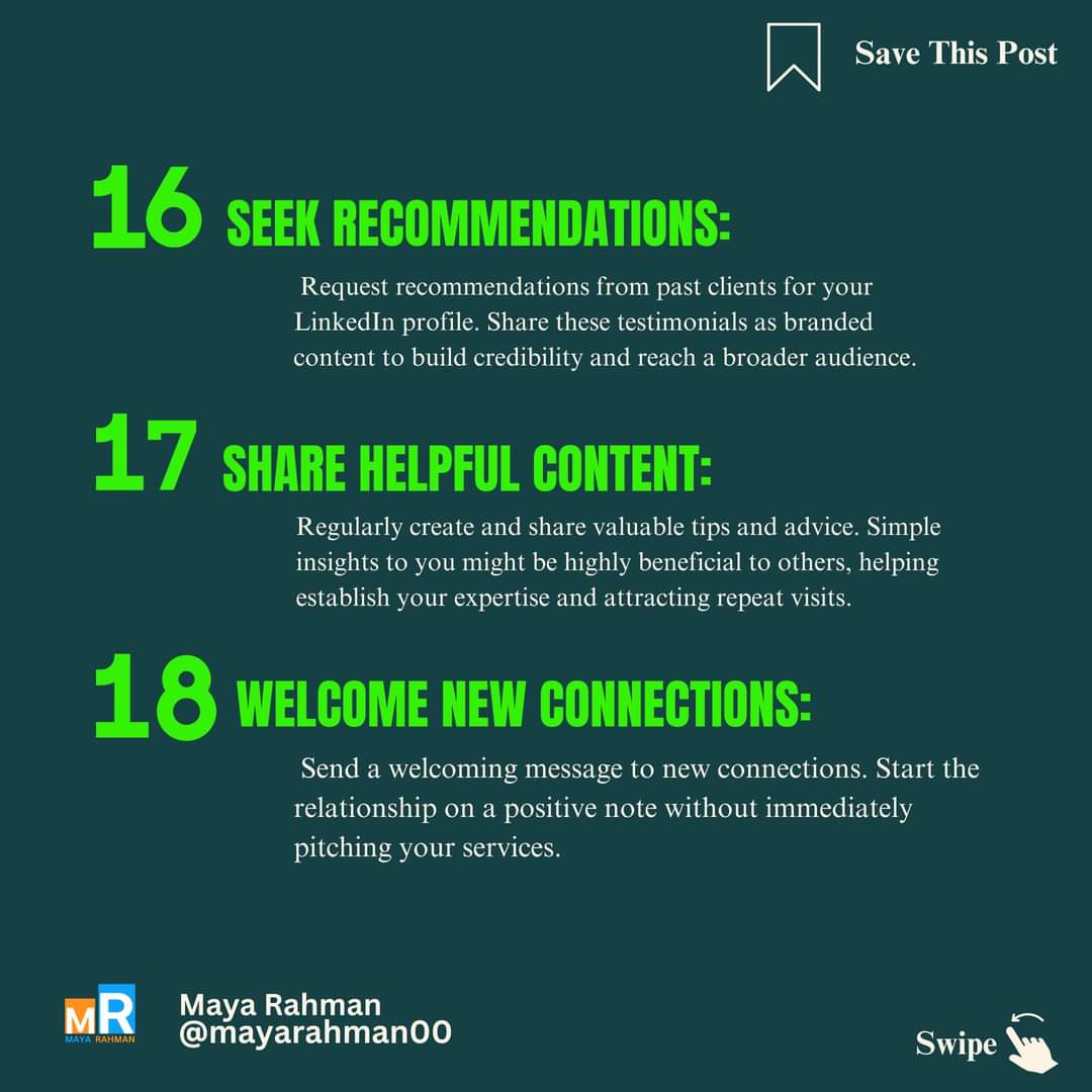 mayarahman30's tweet photo. Part-03
✨ Ready to shine on LinkedIn? 💼 Here are my top tips for optimizing your profile and boosting your presence! 📈 Let's make those connections count and turn engagements into opportunities. 🚀🌟
#LiNKEDiN https://t.co/NpP1CU0LRn