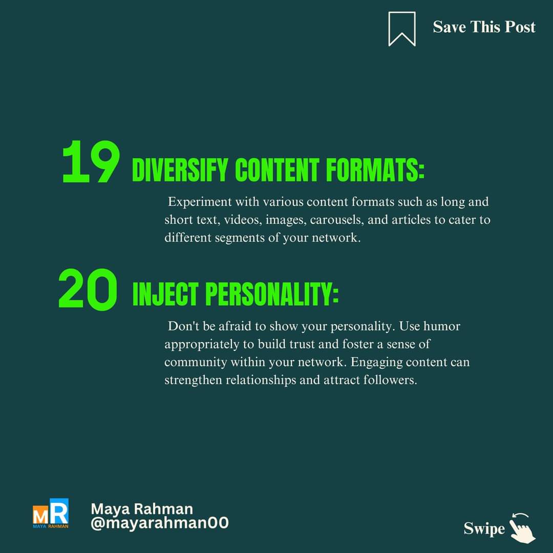 mayarahman30's tweet photo. Part-03
✨ Ready to shine on LinkedIn? 💼 Here are my top tips for optimizing your profile and boosting your presence! 📈 Let's make those connections count and turn engagements into opportunities. 🚀🌟
#LiNKEDiN https://t.co/NpP1CU0LRn