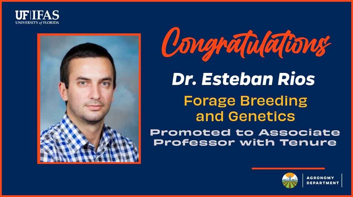 UFIFASAgronomy's tweet photo. 👏Congratulations!!! To Dr. @ForageBreeding (Esteban Ríos) for or being promoted to Associate Professor with Tenure. His specialization in #plantbreeding & genetics, quantitative genetics, & forage production are the foundation of his research questions #IFASResearch #UFCALS https://t.co/qVosfAZJfY