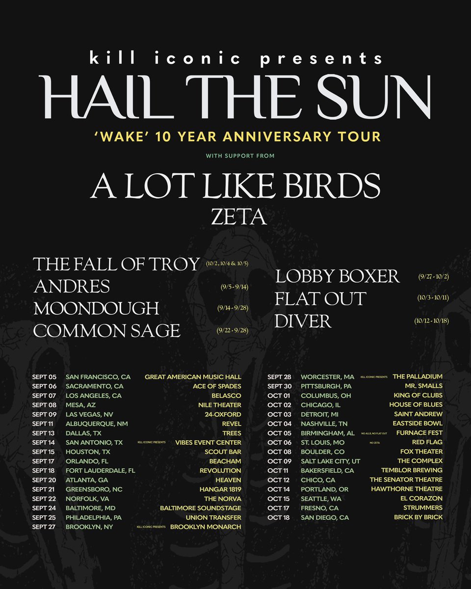SUPPORT ANNOUNCEMENT:

We’re happy to announce the amazing bands that will be joining us on our ‘Wake’ 10 Year Anniversary Tour. Don’t miss out!

Tickets &amp; VIP:
bandsintown.com/hailthesun