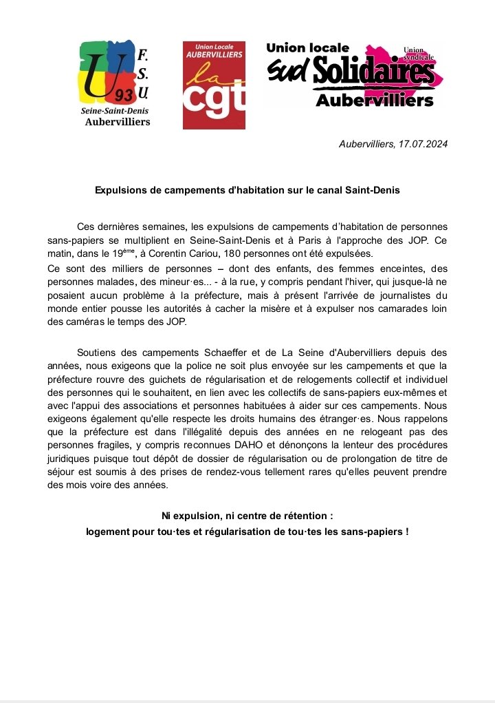 Expulsion sur le canal Saint-Denis : #JOdelahonte 
Logement pour tou•tes, régularisation de tou•tes les sans-papiers