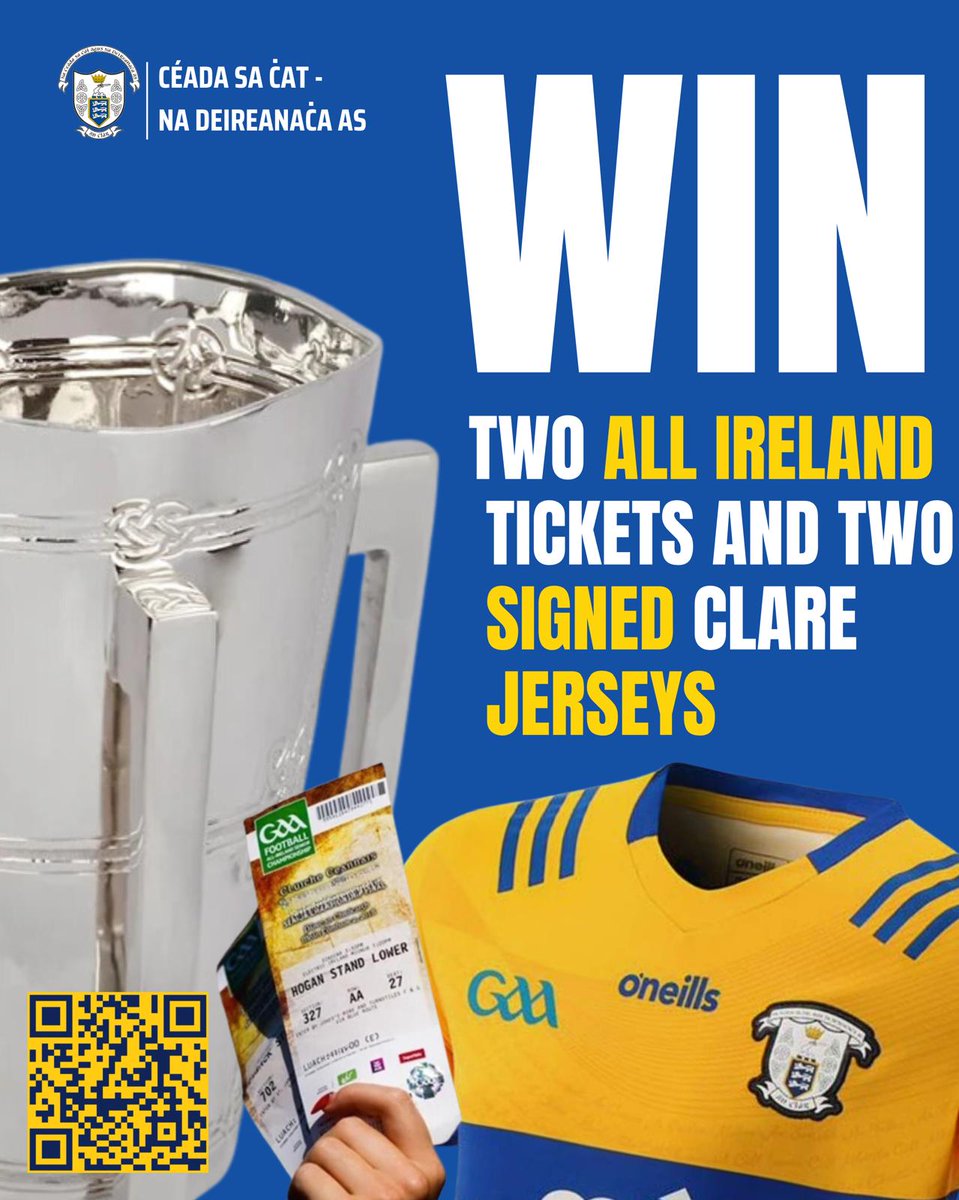 Less than 42 hours to enter our raffle for 2x Tickets to the All Ireland Hurling Final and 2x signed Clare GAA jerseys

Please LIKE, REPOST, SHARE, Add to stories

👉 t.ly/raffletickets to enter now. Tickets €10

Best of luck -  Draw will take place Fri 19th after 1pm
