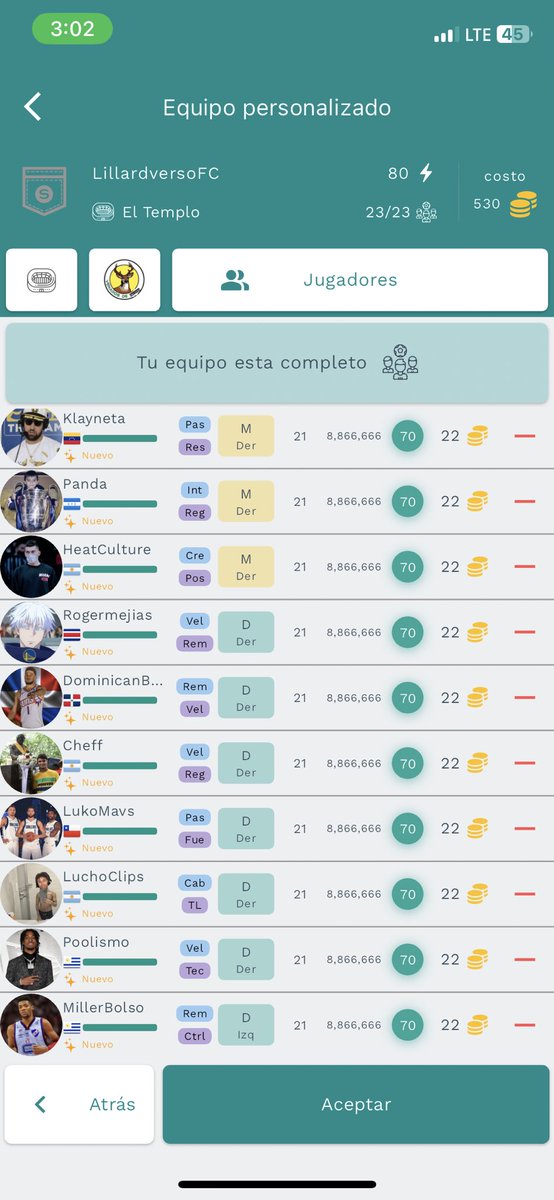 LOS 23

ARQUEROS
@yo_elJ 
<a href="/mauritooperez/">mauritoo</a> 

DEFENSAS
<a href="/Thiagoomavs/">Thiago</a> 
<a href="/rxobertz/">🌹</a> 
<a href="/unfandeniko/">JUANDI</a> 
<a href="/lolitoo_04/">Lolo 🇫🇷</a> 
<a href="/CurryLeproso/">nach00</a> 
@Villacol41 
<a href="/mosesmoodysmo/">Goodysmo</a> 

MEDIOS
<a href="/juliansspaez/">Julian Santiago</a> 
<a href="/Boricuassss/">Boris</a> 
<a href="/ColMavs/">Dallas Mavericks Colombia 🇨🇴</a> 
<a href="/pritchardism0/">pritch 🇹🇷</a> 
<a href="/KlaynetaDs3/">Klayneta☠️</a> 
<a href="/JetdyGSW_/">Jetdy(2-0)</a> 
<a href="/heatcultureARG/">heatculture.</a>