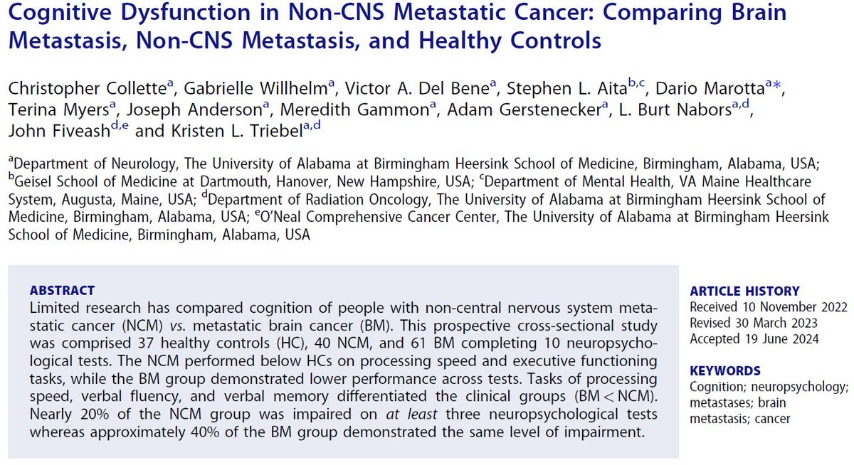 AitaPhD's tweet photo. We applied #univariate and #multivariate #baserates of low scores across a #neuropsychology #testbattery
Patients with #brain #metastases had diffusely #impaired profiles
Patients with non-#CNS metastases showed high rates of #executivefunction and #processingspeed #deficits https://t.co/6jIqw6I1WM