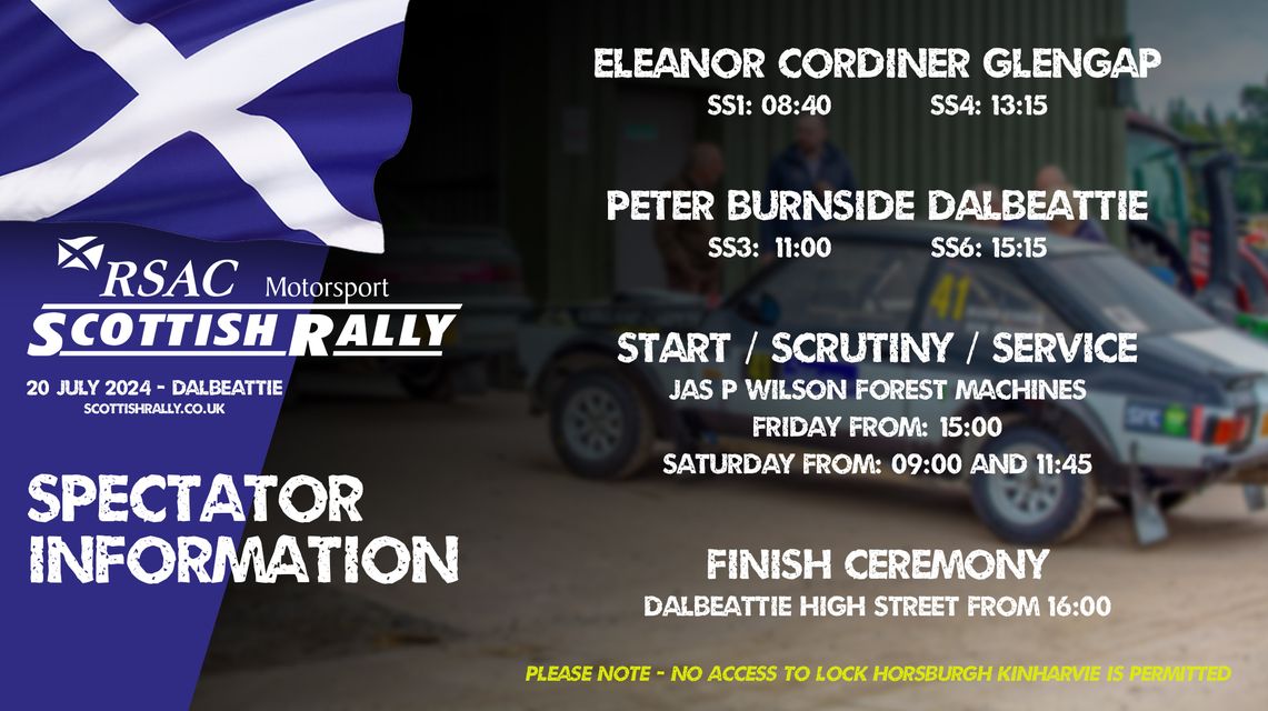 🔍 Spectator Information

Two in-stage locations are available, Glengap &amp; Dalbeattie. There is also the chance to get up close to the cars at Scrutiny &amp; Service at Jas P Wilson, &amp; finish in Dalbeattie High Street.

Times and locations: 
scottishrally.co.uk/spectator-view…

#ScottishRally