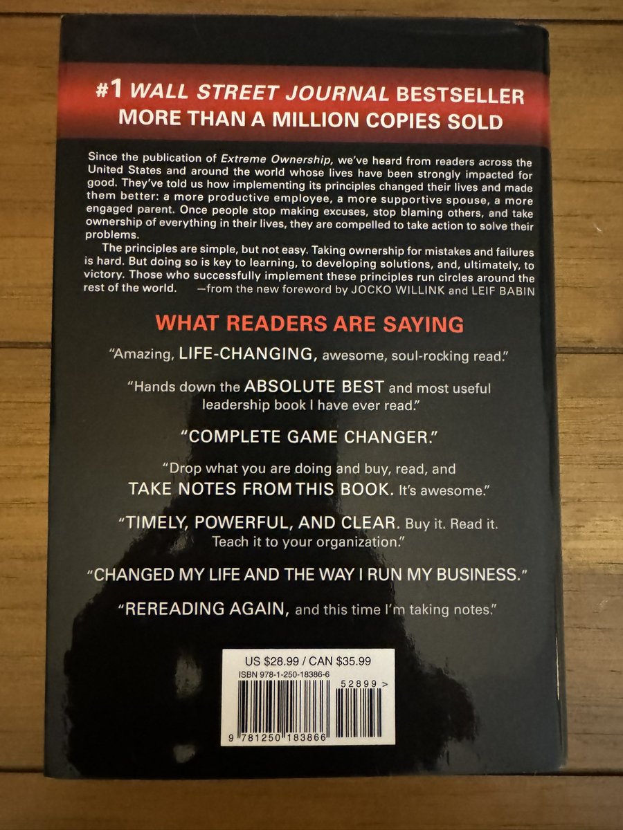 18th book down. Discipline equals freedom. The leader is truly and ultimately responsible for everything. It’s not what you preach, it's what you tolerate. There are only two types of leaders: effective and ineffective. We must never get complacent. Ego clouds and disrupts