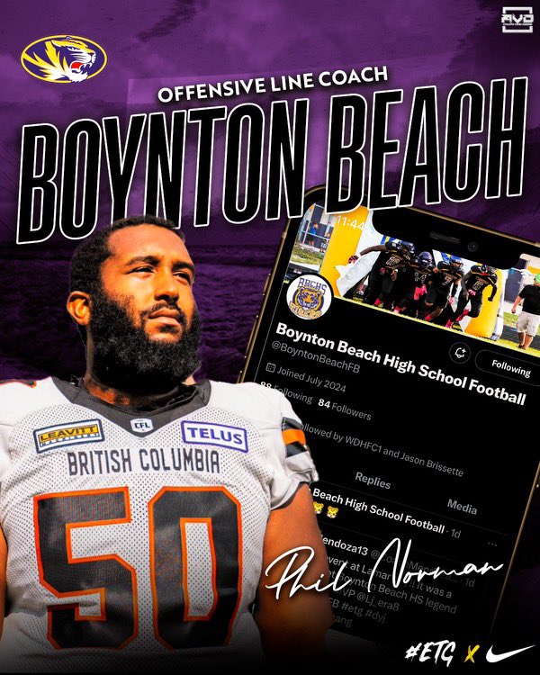 WELCOME TO THE BEACH! Coach Phil played for  <a href="/BCUGridiron/">🏈 Bethune-Cookman Football</a> he went on to play 7 years in the <a href="/CFL/">CFL</a> most recently for <a href="/BCLions/">BC LIONS</a> he will coach our Offensive Line We are excited about Coach Phil joining our staff! 
🟪🟨 🐯🌊#TigerPride #ETG #DYJ #FAMILY <a href="/Bigchill_50/">Phillip</a>