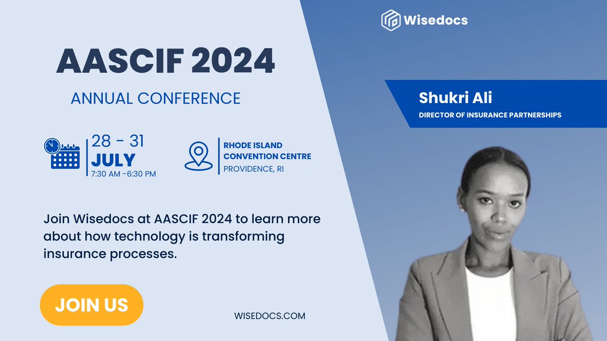 Wisedocsai's tweet photo. Wisedocs will be at #AASCIF2024! π Join us at @AASCIFunds Annual #Conference next week to learn more about how technology is transforming #Insurance processes. β‘
Shukri Ali, Director of #InsurancePartnerships, will be onsite and ready to #Connect on the event app! π² https://t.co/W9JcDhlNnK