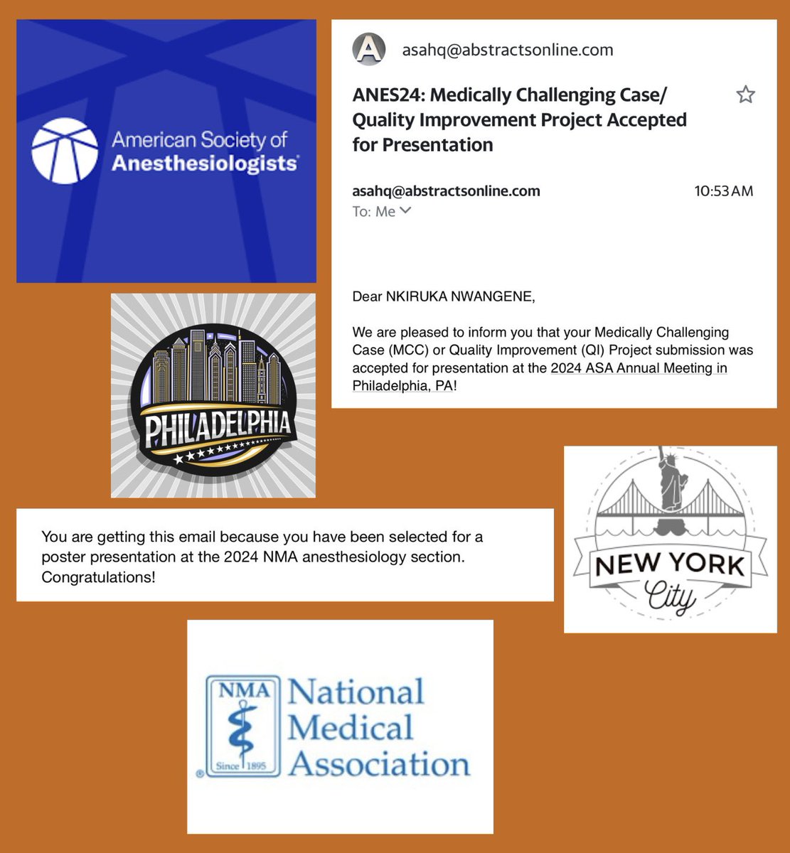 L_Nwangene's tweet photo. Beyond grateful for EVERY opportunity and EVERYONE who keeps pouring into me. Your gal got 2 abstract submissions accepted for poster presentations. Cheers to “our” firsts of many!🥂💃🏽😄🙏🏽❤️
✈️ NY city then✈️ Philly! #NMA #ASA #ThanksForSupportingMe
#ThankYouGod #MentorshipIsKey https://t.co/2DdWuXe7T7
