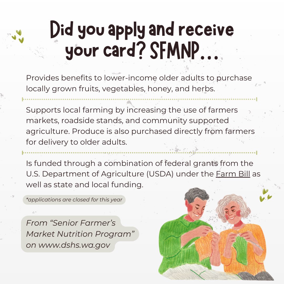 CrisisCXNs's tweet image. Did you apply and receive your card for SFMNP? Learn more about SFMNP and how you can use your benefits! 

#BasicFood #SFMNP #CommunityLivingConnections #FoodResources (1/2)