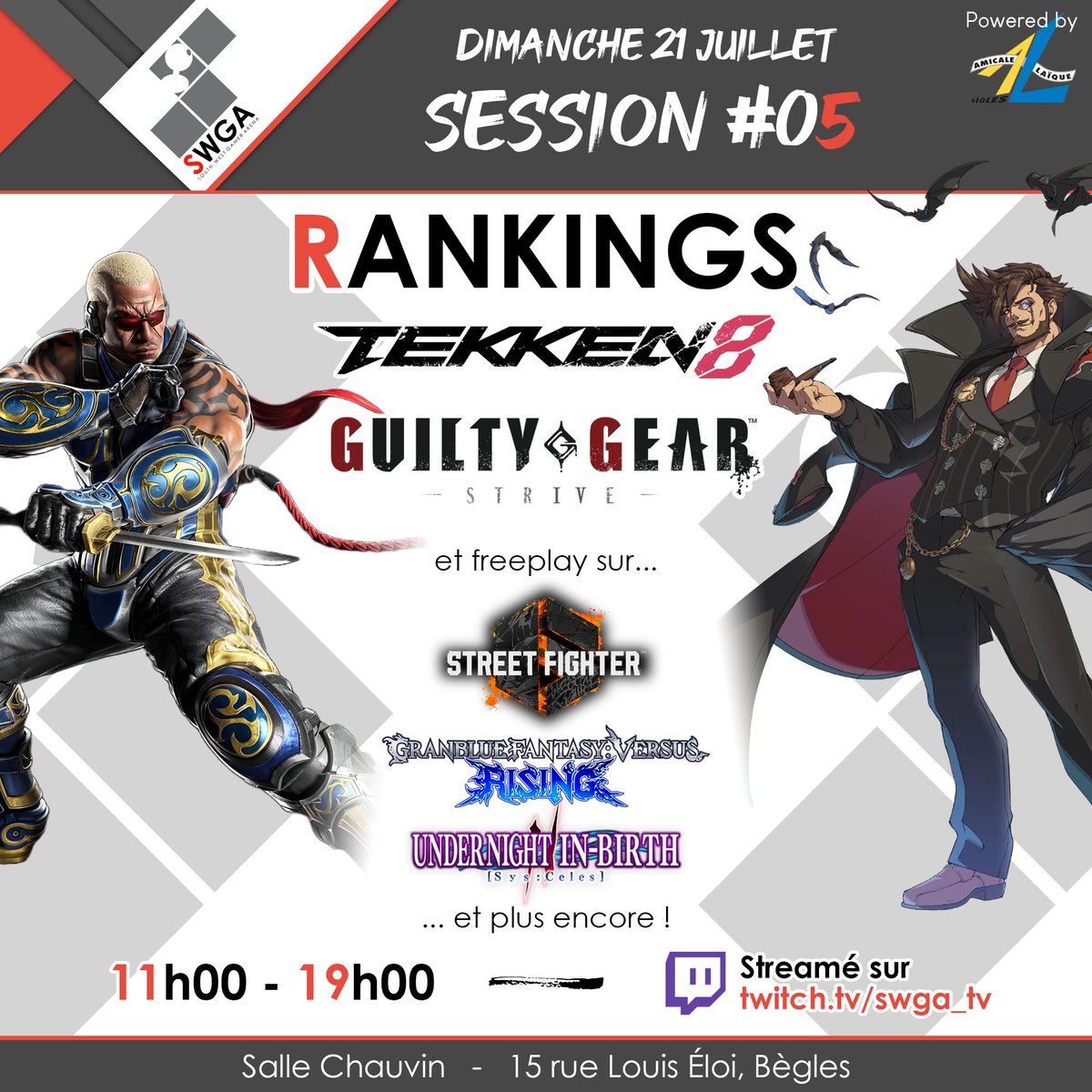 Annonce de dernière minute mais nous avons une session SWGA ce dimanche 21 à l'@AmicaleBegles !!
Au menu, tournois #TEKKEN8 et #GuiltyGearStrive, venez nous montrer votre meilleur Slayer ! #GGST 

Comme d'habitude, début des tournois vers 14h, inscriptions gratuites et sur place.
