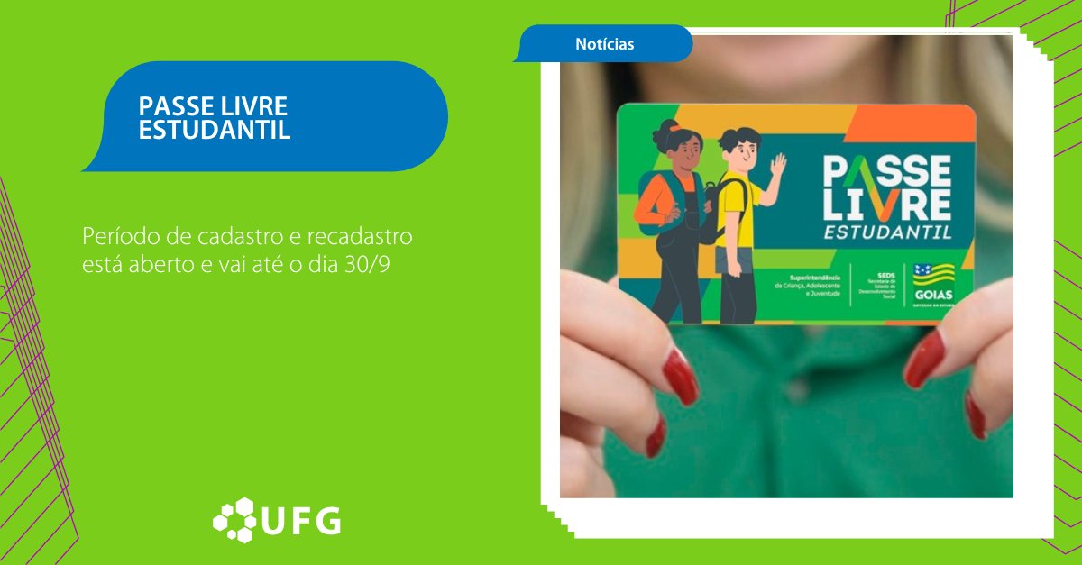 ufg_oficial's tweet image. 📢🚌 Estudantes de Goiânia e região: o cadastro e recadastro do Passe Livre Estudantil vai até 30/09! Aproveite para garantir seu transporte gratuito.

🔗 Mais informações: ufg.br

#PasseLivreEstudantil #Goiânia #Estudantes #UFG
