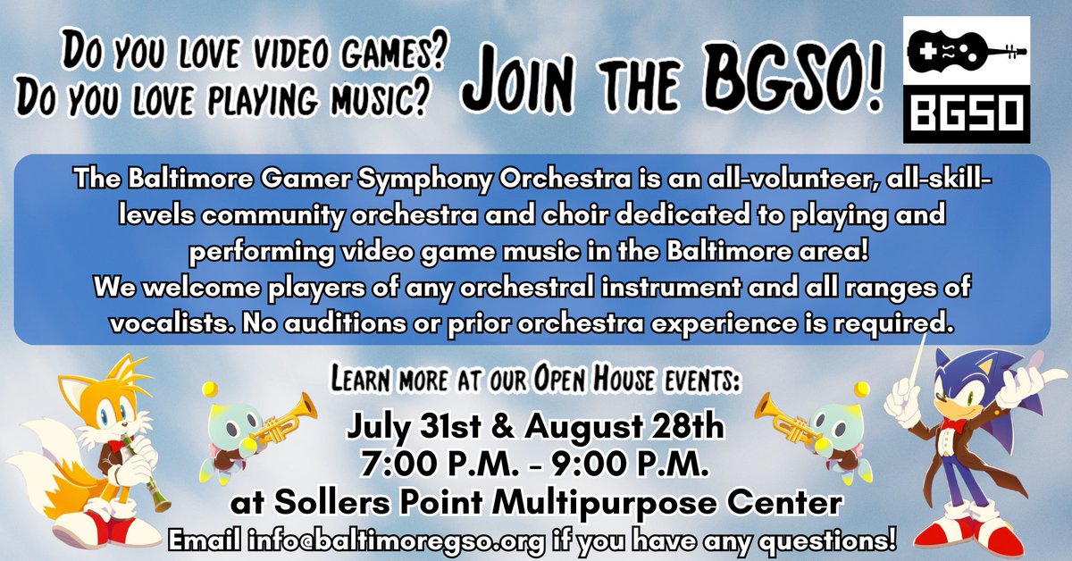 BaltimoreGSO's tweet photo. Are you interested in joining BGSO? Come to one of our open house sessions, July 31 & August 28, 7-9PM at Sollers Point Multipurpose Center
323 Sollers Point Rd
Dundalk, MD 21222
All orchestral instruments/vocal ranges/skill levels welcome!
#bgso #vgm #baltimoreevents #mdevents https://t.co/qbtfTcp34N
