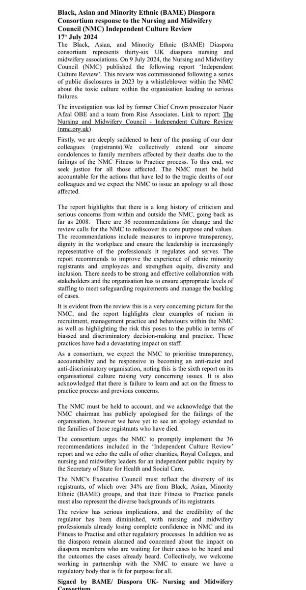 SoAC (@soac_midwives) on Twitter photo Dear <a href="/nmcnews/">Nursing and Midwifery Council</a> please find the BAME Diaspora Consortium response to the <a href="/nazirafzal/">nazir afzal</a> independent review <a href="/wesstreeting/">Wes Streeting</a> an independent review for the safety of the public, registrants and employees <a href="/CMidOEngland/">Kate Brintworth</a> <a href="/CNOWales/">Sue Tranka 💙 RN,FQNI</a> @CNOEngland is needed 1/2 Dear <a href="/nmcnews/">Nursing and Midwifery Council</a> please find the BAME Diaspora Consortium response to the <a href="/nazirafzal/">nazir afzal</a> independent review <a href="/wesstreeting/">Wes Streeting</a> an independent review for the safety of the public, registrants and employees <a href="/CMidOEngland/">Kate Brintworth</a> <a href="/CNOWales/">Sue Tranka 💙 RN,FQNI</a> @CNOEngland is needed 1/2