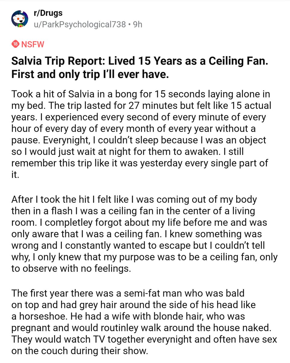 APsychedelics's tweet photo. Salvia Trip Report: 15 years as a ceiling fan (via r/Drugs)
a 🧵: https://t.co/vvRxjF0VyQ