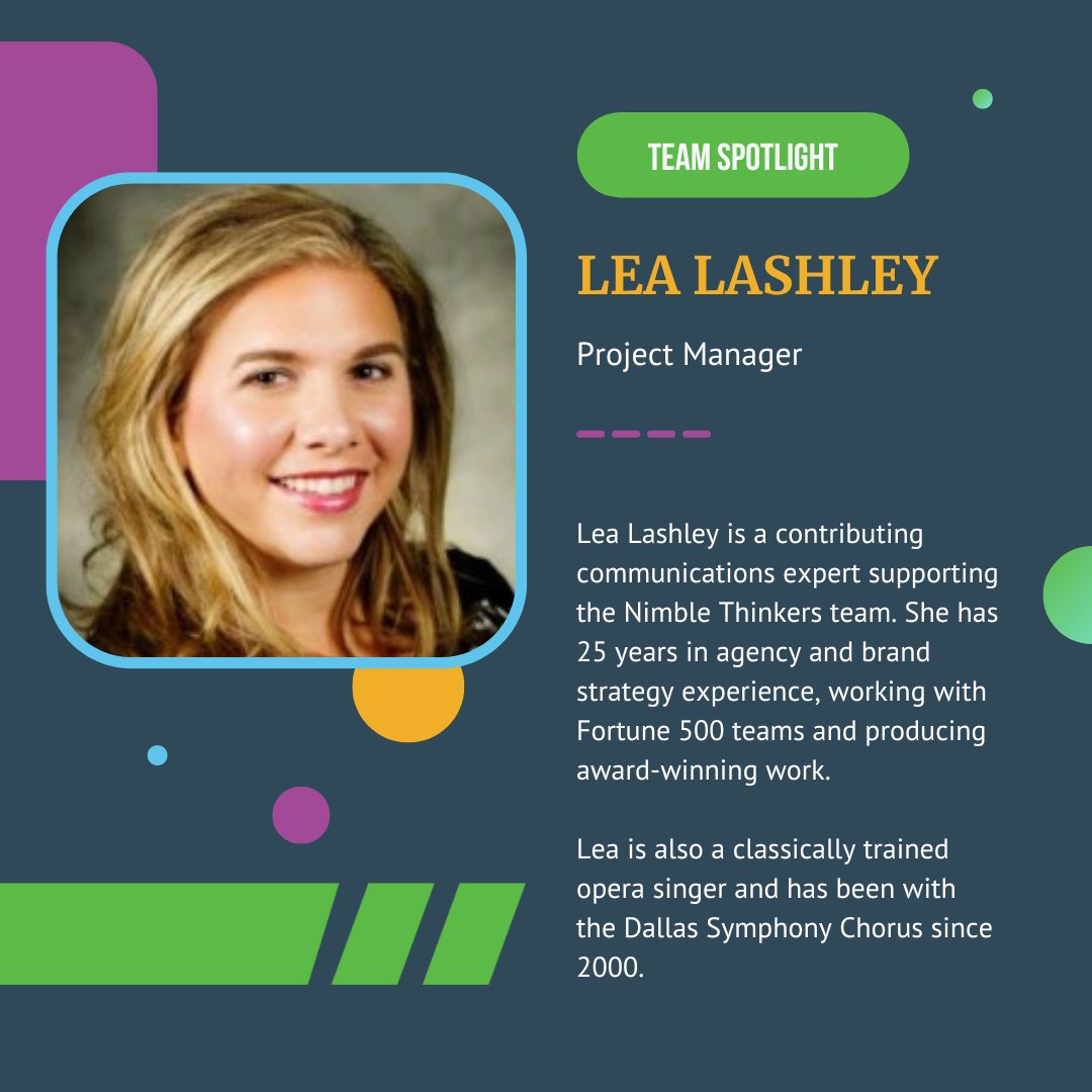 nimblethinkers's tweet photo. Meet Lea, our communications virtuoso! With 25 years of agency experience and a voice in the Dallas Symphony Chorus, she brings harmony to our Nimble 360° Industry Solutions. #StayNimble #ContentMarketing #NimbleThinkers https://t.co/StuLaqnzYV