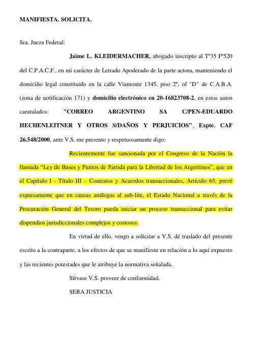 arilijalad's tweet photo. El escrito judicial que presentó Macri en una causa vinculada a Correo Argentino donde pide un acuerdo extrajudicial gracias a la Ley Bases.

¿Esto es parte de un acuerdo con Milei? https://t.co/vjEctQixlE