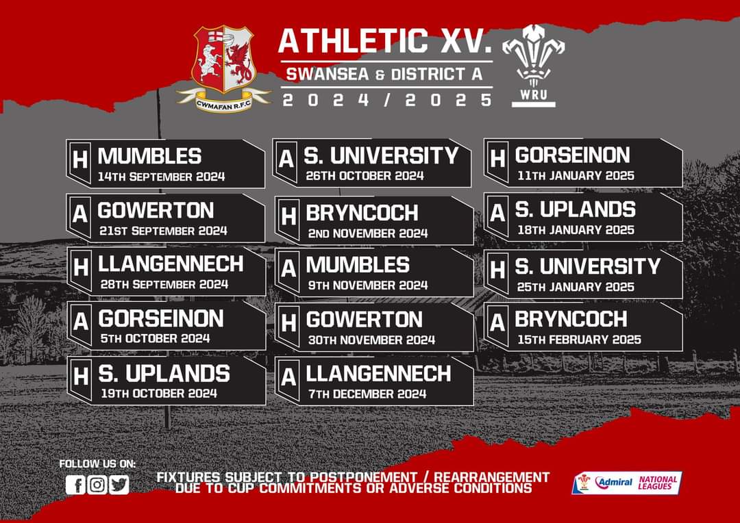 Hot off the presses! Our Ath XV fixtures for 24/25. After finishing top of District B last year the Ath will be competing in Swansea &amp; Dist Div A this coming year, looking once again to finish on top of some very strong &amp; competitive sides!

#HereWeGoHereWeGoAgain #UpUpUpAndAway