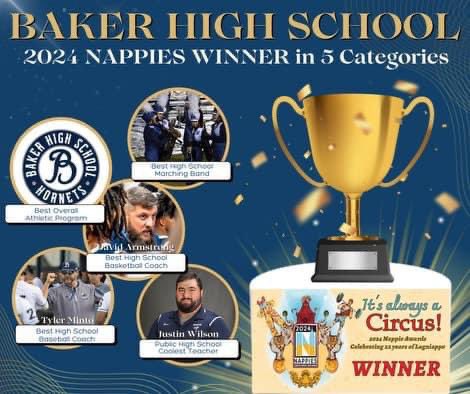 Congratulations to our 5 winners of Nappie Awards!
Best Overall Athletic Program 💙🤍
Best High School Marching Band 🎶  
Best High School Basketball Coach - David Armstrong 🏀 
Best High School Baseball Coach- Tyler Minto ⚾️
Coolest Public High School Teacher- Justin Wilson 👨‍🏫