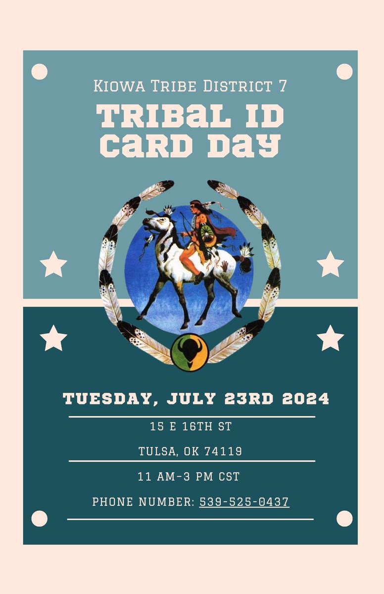 Any Kiowa citizens needing a new Kiowa ID may come to the Tulsa Outreach Officer on July 23rd from 11-3 pm.  Aho!