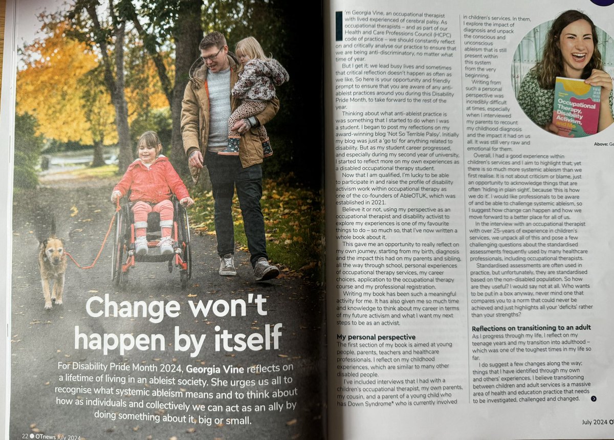 GeorgiaVineOT's tweet photo. Wasn’t expecting to be on the front cover of @OTnews this month! Thank you for highlighting my article on ableism in the profession to mark Disability Pride Month!🥳💚 https://t.co/EGf6d1Bc9i