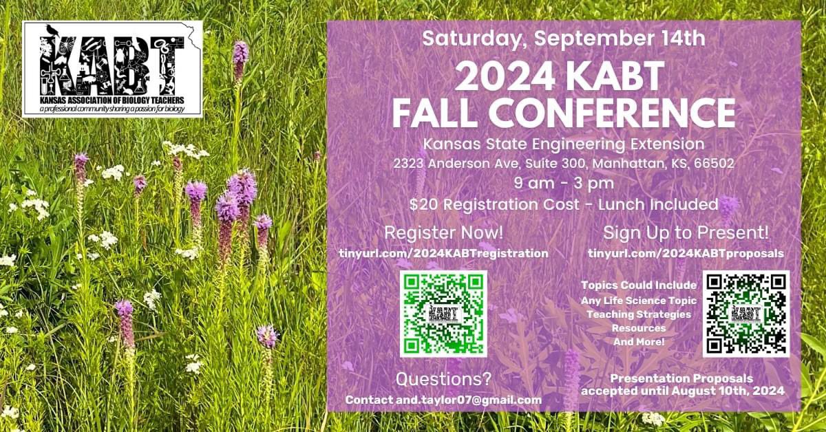 ksbioteachers's tweet photo. Join us at the 2024 Kansas Association of Biology Teachers Conference, where biology educators from across the state will gather to collaborate, build a vibrant community, and expand their knowledge. Register now! https://t.co/3SwJUS0ts3