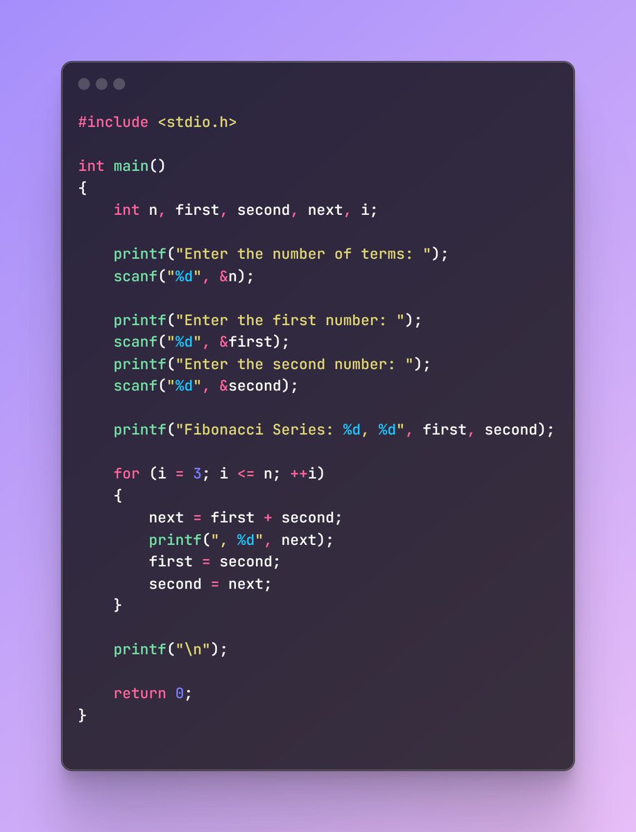 saransh_dutta's tweet image. Up for a new coding challenge? Generate the Fibonacci series from any two starting numbers! 🌟🔢 Test your C skills and see how far you can go. Share your series and let’s see who gets the longest! 🚀#CodingJourney #CodeLife #CodingQuestion #TeenTech #CLanguage
