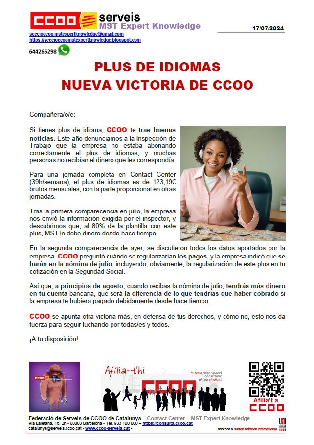 PLUS IDIOMAS. Nueva victoria de CCOO🎉✊🏼
<a href="/ContactCCOO_cat/">Contact Center Catalunya - CCOO</a> <a href="/c_center_ccoo/">CONTACT CENTER CCOO</a> 
<a href="/ccoo_serveiscat/">CCOO Serveis Catalunya</a> 
<a href="/ccoocatalunya/">CCOO de Catalunya</a>