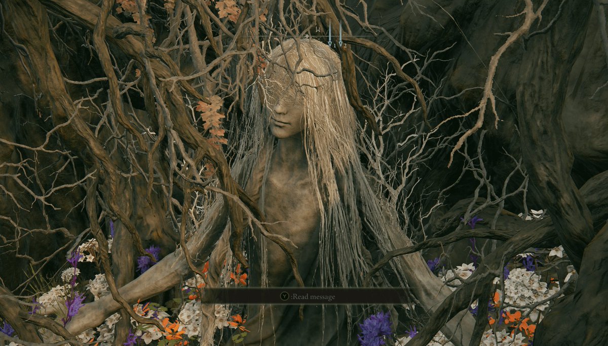 Houghtaling1's tweet photo. @SmoughTown I first thought this was just young Marika.. but it appears to be depicting Marika and Radagon at the same time. Note the chest and the straight hair with the braid included. Could this be where they first came together? When she created her first tree, maybe? https://t.co/B5Jp74dBvY