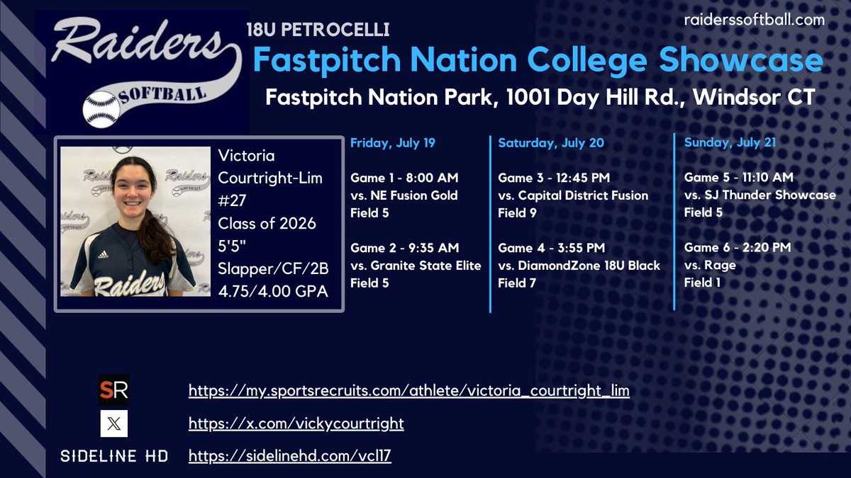 Victoria Courtright 2026 (@vickycourtright) on Twitter photo Raiders 18U Petrocelli is headed to CT for the FPN College Showcase this weekend! Dropping our schedule here <a href="/TuftsSoftball/">Tufts Softball</a> <a href="/Amherst_SBall/">Amherst Softball</a> <a href="/mitsoftball/">MIT Softball</a> <a href="/WellesleySball/">Wellesley Softball</a> <a href="/CoachEbs/">Lauren Ebstein</a> Raiders 18U Petrocelli is headed to CT for the FPN College Showcase this weekend! Dropping our schedule here <a href="/TuftsSoftball/">Tufts Softball</a> <a href="/Amherst_SBall/">Amherst Softball</a> <a href="/mitsoftball/">MIT Softball</a> <a href="/WellesleySball/">Wellesley Softball</a> <a href="/CoachEbs/">Lauren Ebstein</a>