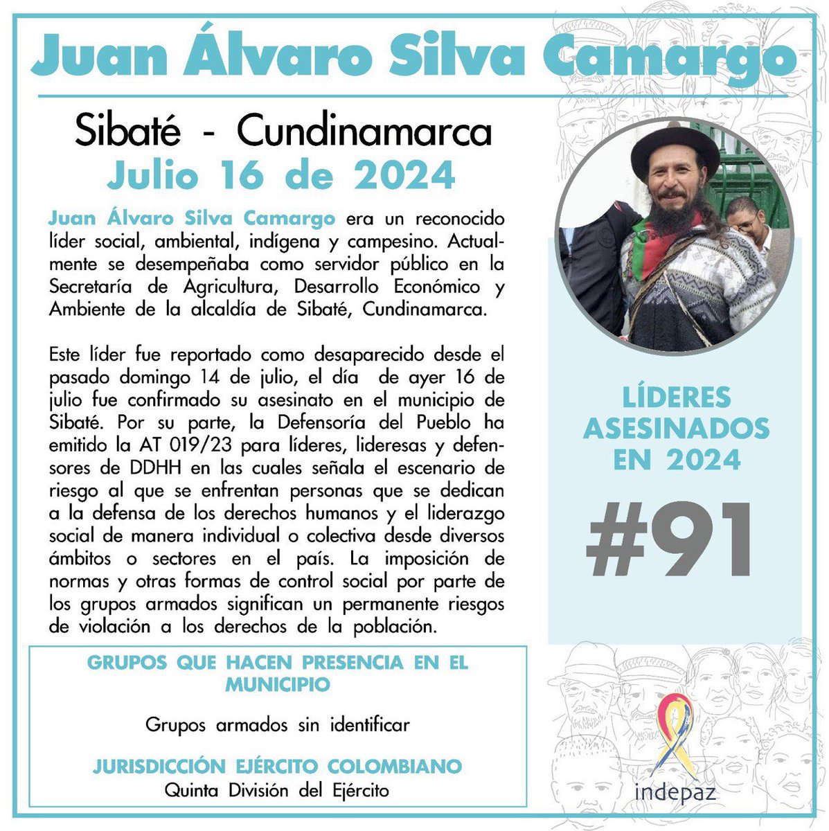elcarlosjuan's tweet photo. Muy triste el asesinato de Juan Álvaro Silva Camargo, líder ambiental, social, campesino, defensor de la tierra, del agua, de los páramos. Exigimos que no quede impune. @FiscaliaCol @PoliciaColombia @MinInterior @CristoBustos @petrogustavo @Donka_At @albertobemo https://t.co/rirHJhImWB