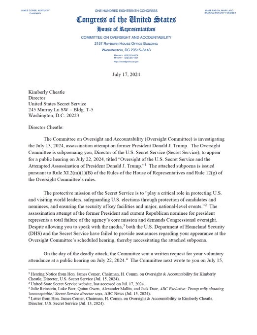 Breaking911's tweet photo. BREAKING: House Oversight Committee subpoenas Secret Service director for first hearing on the assassination attempt of President Trump https://t.co/AsADBNMyQD
