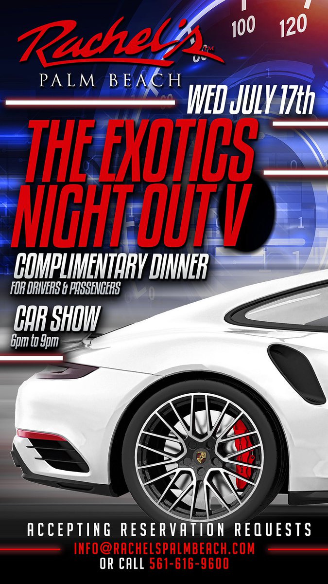 RachelsPB's tweet image. We’re getting revved up tonight! 
Exotics Nights is on at @RachelsPB 

🏁The best rides are getting together for our exotic car show at 6pm 

And registered drivers and guests are treated to a complimentary dinner for 2 

 Our party keeps going until 5am!