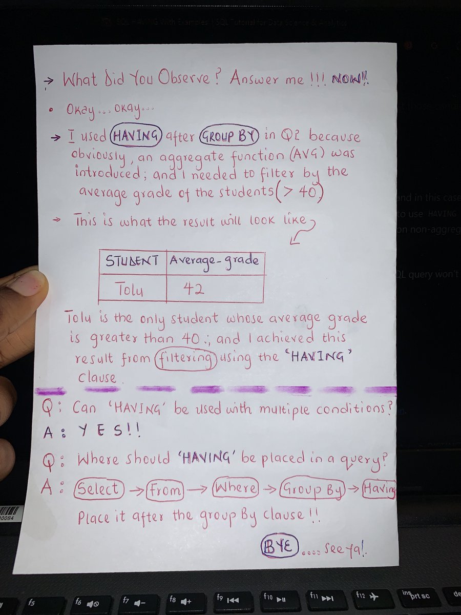 rosiecreator's tweet photo. On today’s episode of the #RedPenOnA4Paper series by Rosie, let us discuss ‘WHERE vs HAVING’….

The #GroupBy clause isn't always going to get you what you're looking for, so what happens if you need further help filtering on aggregated data? Or maybe not? Hmm🤔 https://t.co/ANegKHr9pn