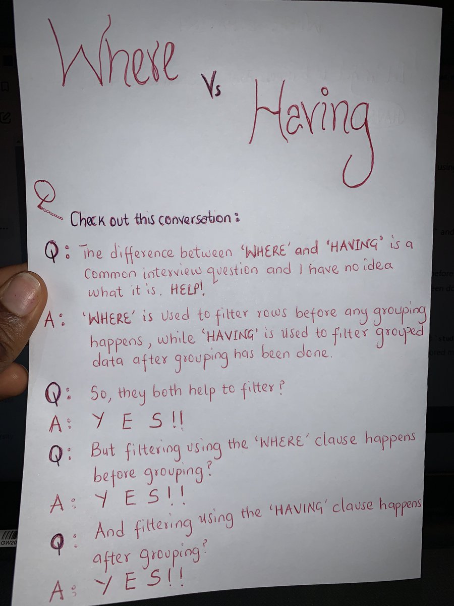 rosiecreator's tweet photo. On today’s episode of the #RedPenOnA4Paper series by Rosie, let us discuss ‘WHERE vs HAVING’….

The #GroupBy clause isn't always going to get you what you're looking for, so what happens if you need further help filtering on aggregated data? Or maybe not? Hmm🤔 https://t.co/ANegKHr9pn